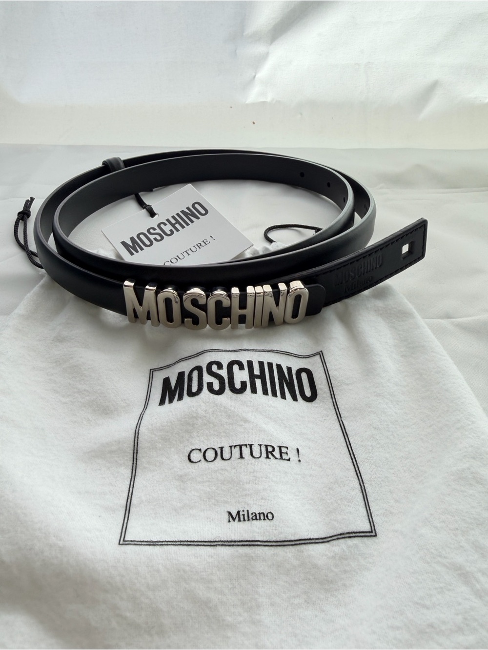 Moschino Black Leather Logo Belt with Silver Hardware